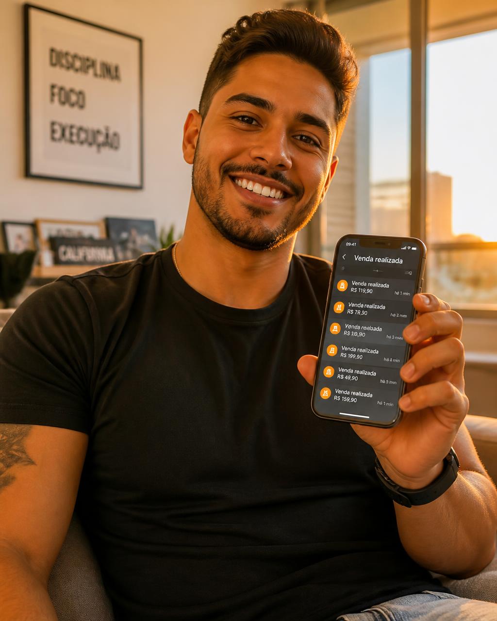 Pessoa confiante em casa acompanhando vendas pelo celular